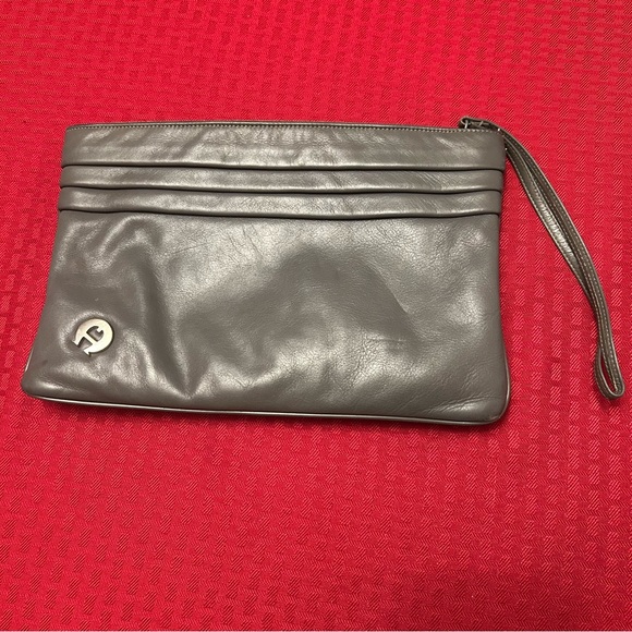 Vintage 1970s Etienne Aigner Large Wristlet Clutch Purse Gray Leather - Picture 1 of 7